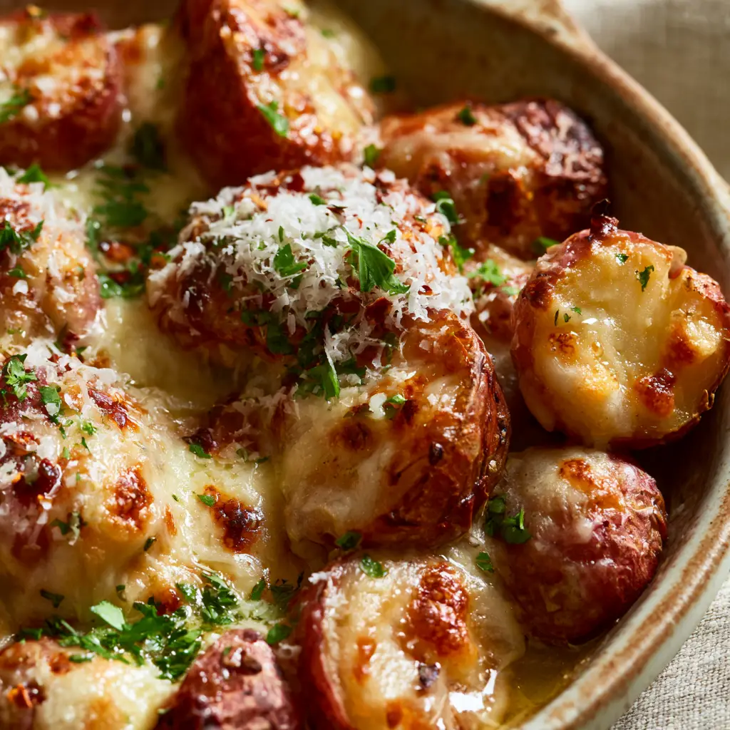 Melted bubbly mozzarella and white cheddar over roasted red potatoes with fresh parsley and chili flakes.