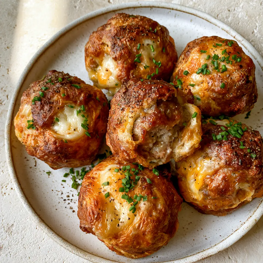 keto sausage balls: The Best Low-Carb Crispy Cream Cheese Appetizer 1 A keto sausage ball broken open to reveal a steaming juicy center with melted cheese pockets.
