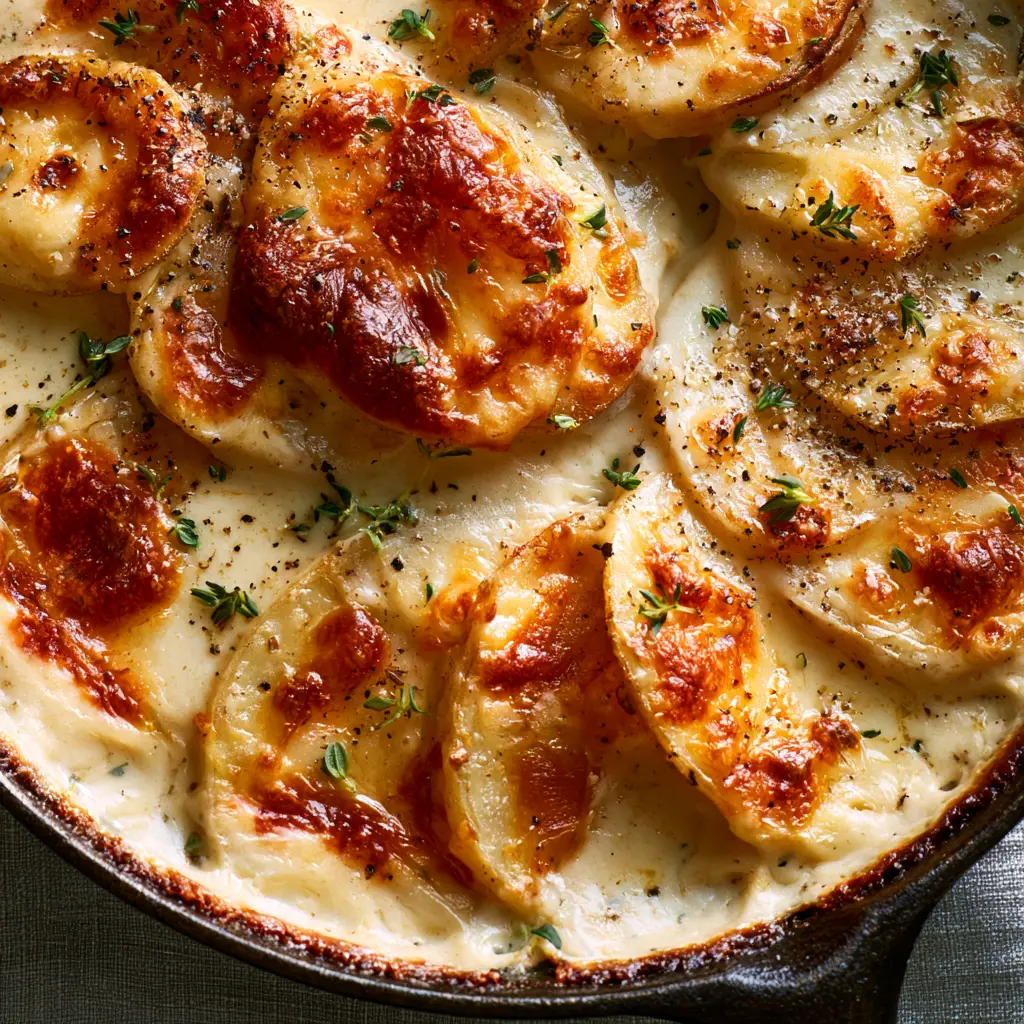 Steam rising from a skillet of cheesy au gratin potatoes with fresh thyme garnish.
