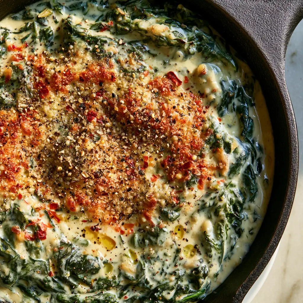 Close-up of wilted baby spinach leaves coated in an ivory cream sauce with cracked black pepper.
