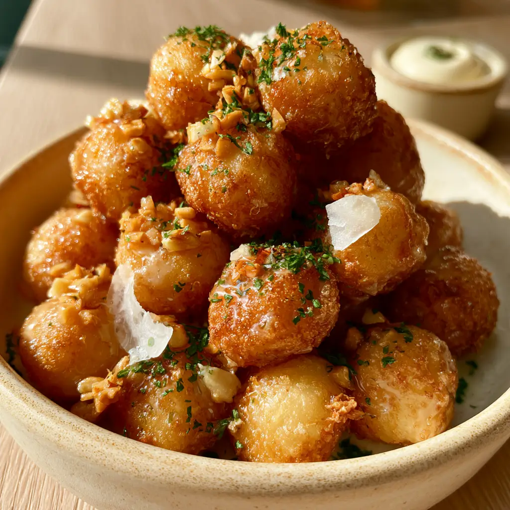 Garlic potato pops piled high with a side of creamy white aioli garnish.