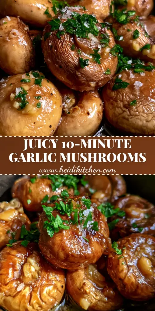A vertical Pinterest pin showing plump air fryer garlic butter mushrooms in a bowl garnished with parsley.