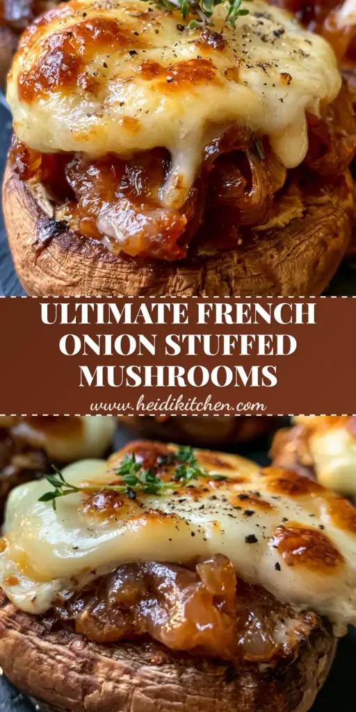 A close-up of French Onion Stuffed Mushrooms on a slate platter with bubbling Gruyere cheese and mahogany onions. (French Onion Stuffed Mushrooms)