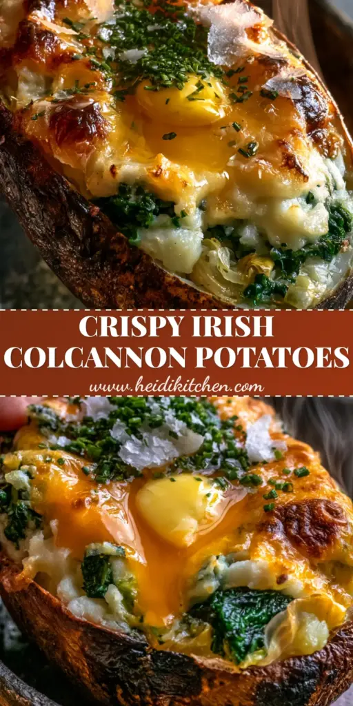 A handheld shot of a twice-baked colcannon potato with blistered skin, whipped filling, kale, cabbage, and melting Irish cheddar cheese.