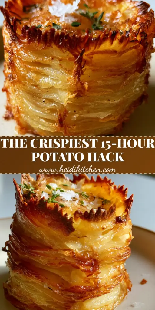 A close-up of Crispy Layered Potatoes showing thin, translucent stacks with charred serrated edges and fresh thyme.