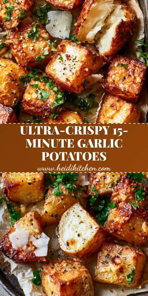 A close-up of Savory Potatoes with a golden parmesan crust, garnished with fresh parsley and flaky sea salt on a dark baking sheet.