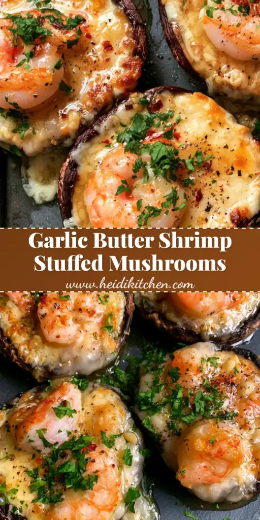 Shrimp Stuffed Portobello Mushrooms with Garlic Butter 4 A vertical photo of four Shrimp stuffed portobello mushrooms topped with melted mozzarella and fresh parsley on a dark slate tray.