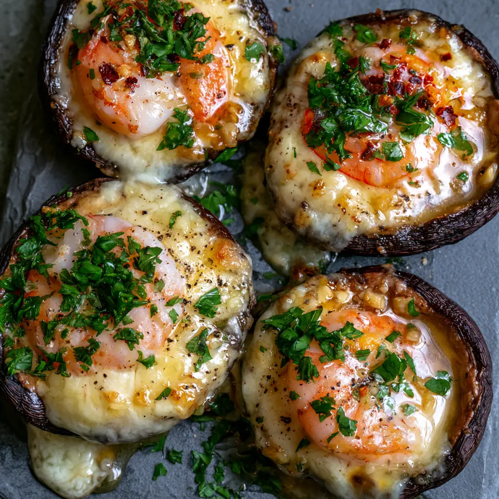 Shrimp Stuffed Portobello Mushrooms with Garlic Butter 2 Top-down view of four roasted Shrimp stuffed portobello mushrooms with golden seared shrimp and bubbly cheese.