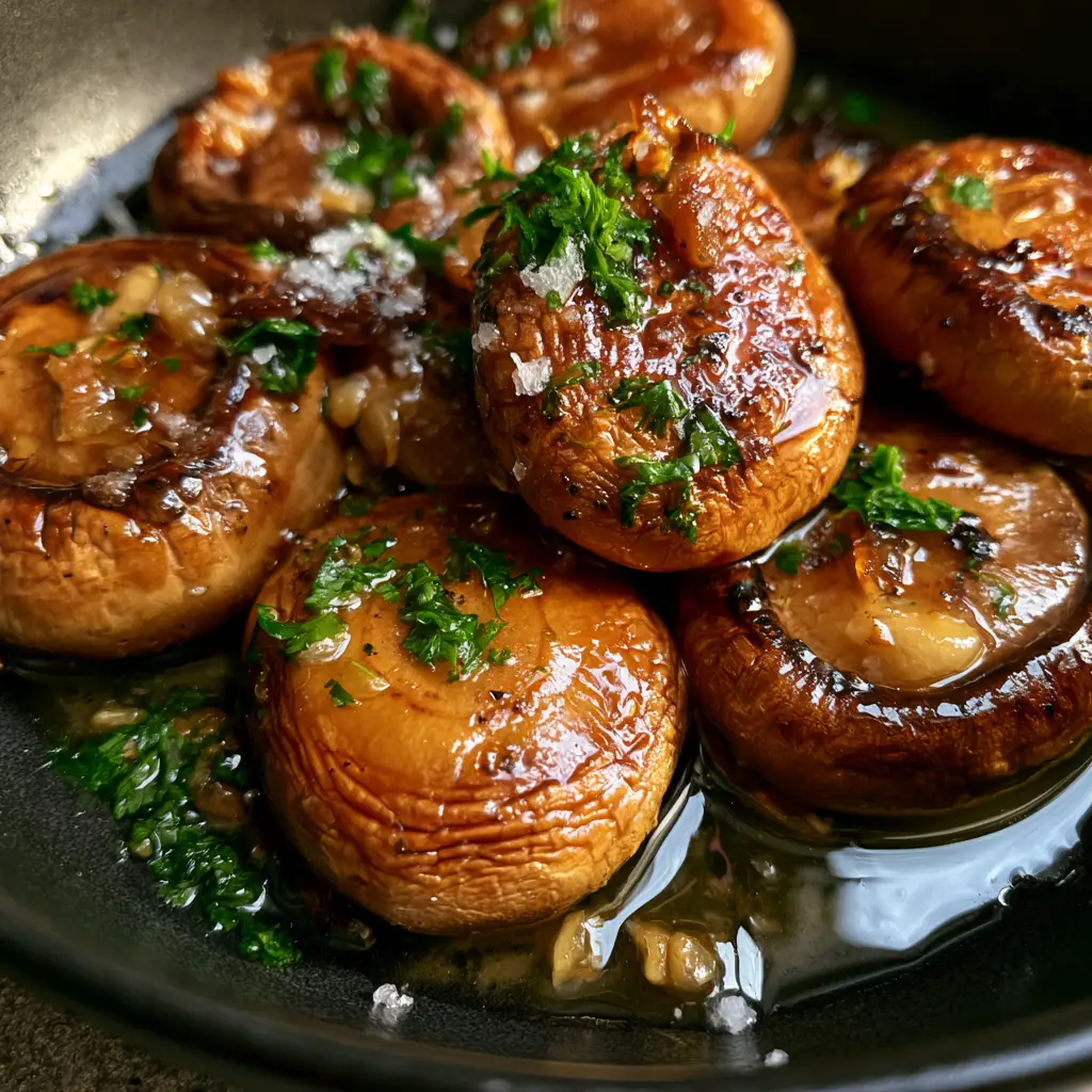 Close-up of air fryer garlic butter mushrooms with sautéed garlic bits and fresh parsley.