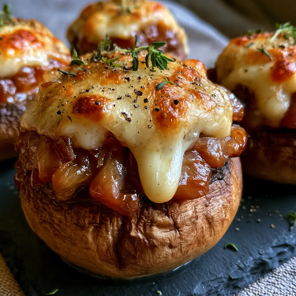 A 45-degree angle shot of a platter of French Onion Stuffed Mushrooms with micro-thyme garnish.
