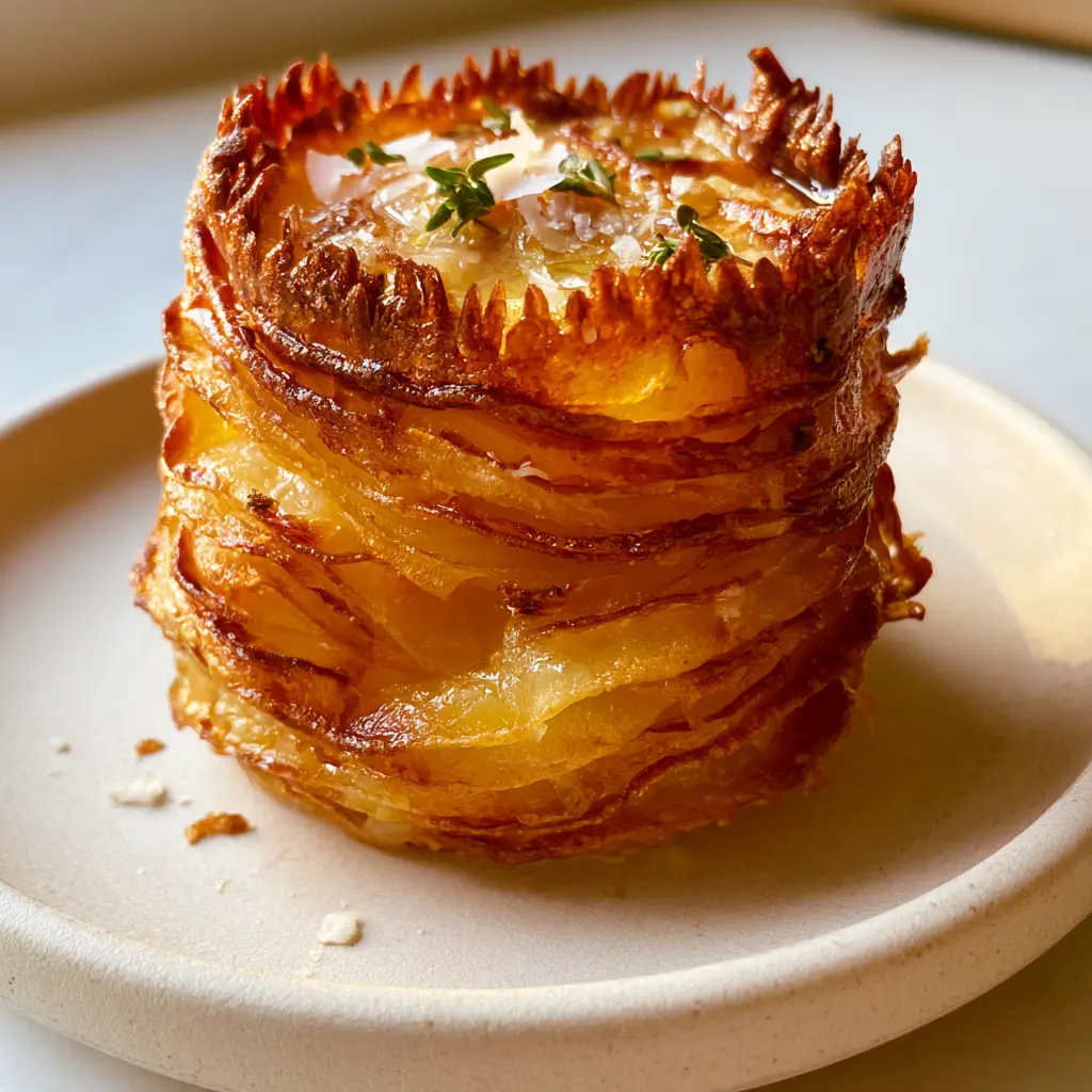 A golden-brown crispy potato stack on a white plate with flaky Maldon salt and thyme garnish.
