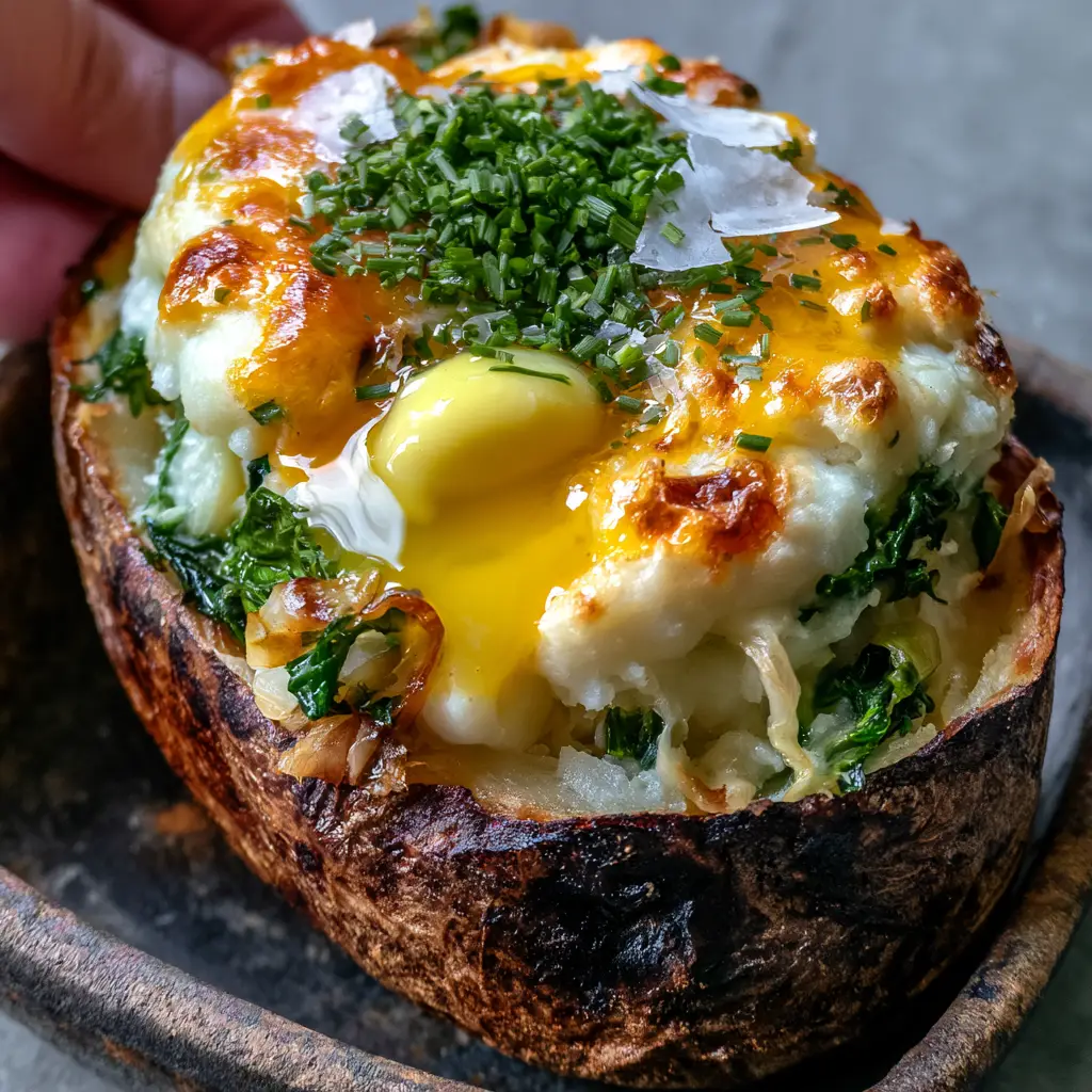 A hand lifting a crispy twice-baked colcannon potato from a dark tray, showing the steam and melting butter.