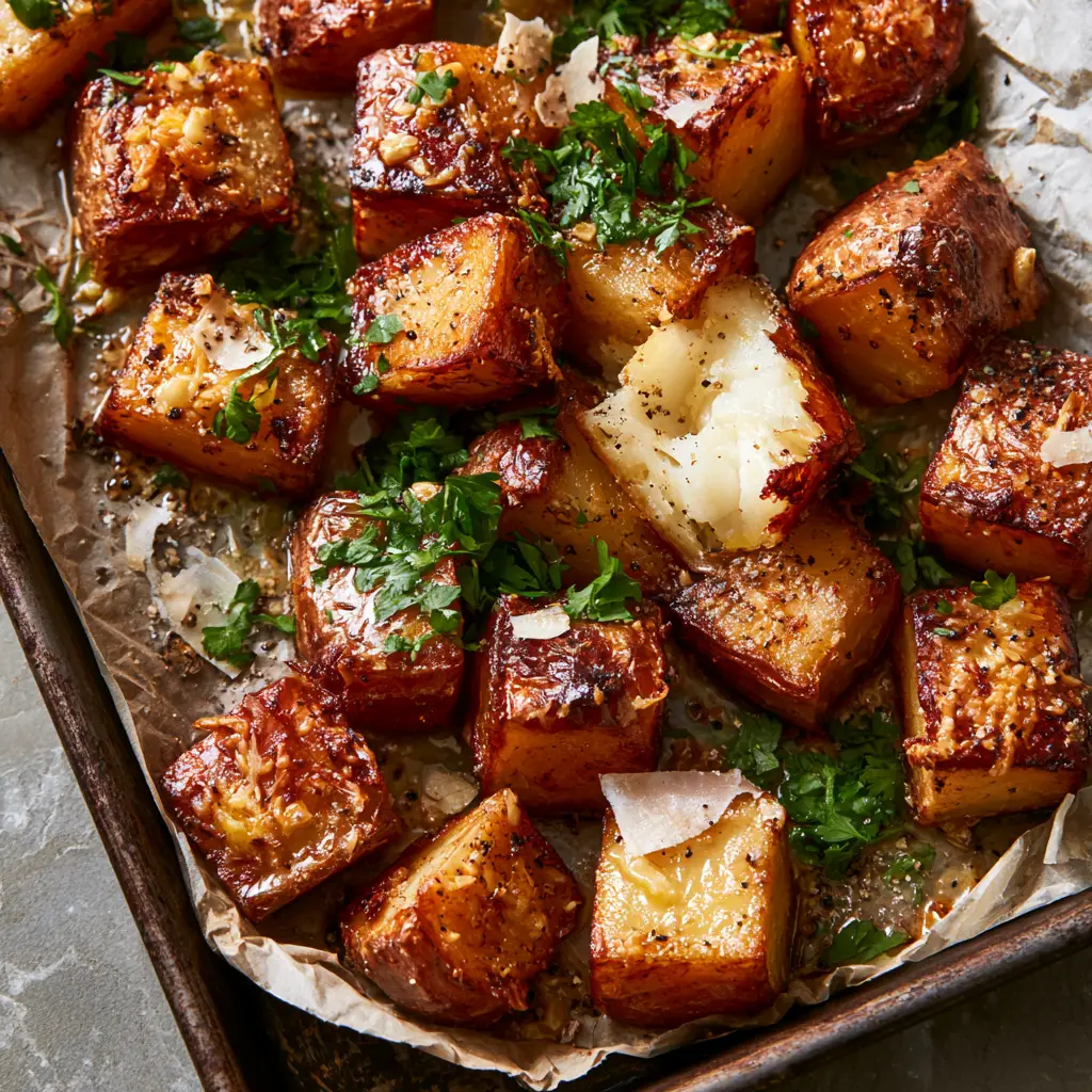 Savory Potatoes split open to reveal a steaming, fluffy white interior with a glistening garlic butter glaze.