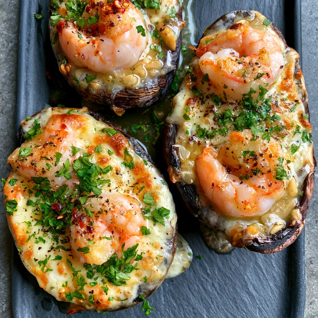 Shrimp Stuffed Portobello Mushrooms with Garlic Butter 1 Close up of melted mozzarella and parmesan cheese over garlic butter shrimp in a portobello cap.