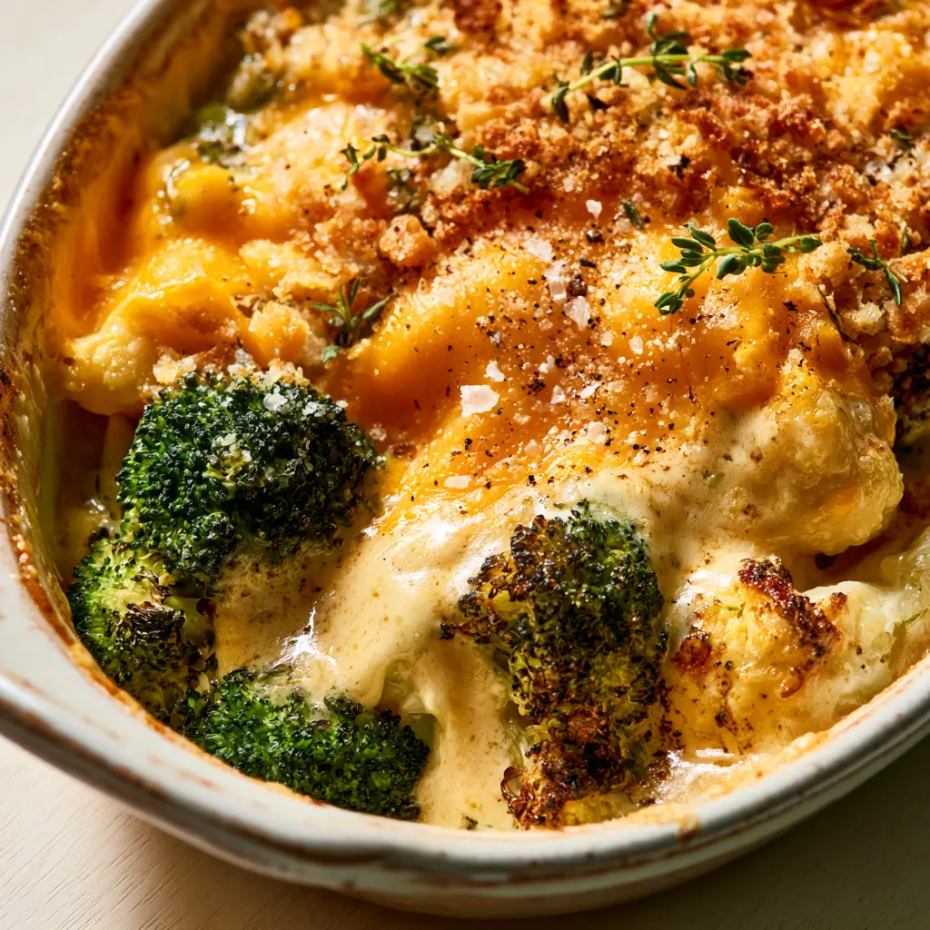 Vegetable Casserole with Charred Broccoli and White Cheddar Mornay 2 Extreme macro 45-degree angle shot of bubbling vegetable casserole showing golden cheddar and crispy panko.