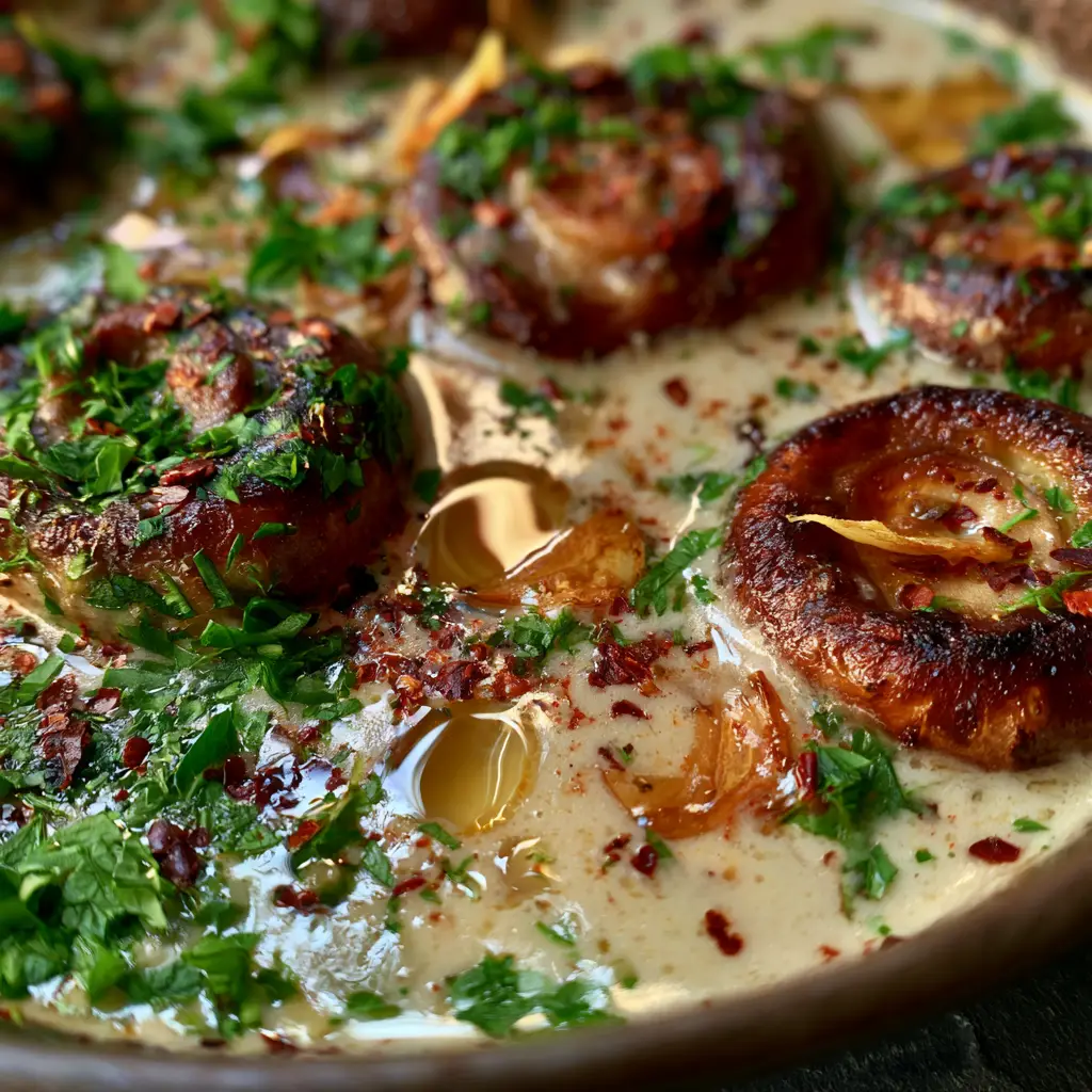 Toasted garlic slivers and parsley garnishing creamy garlic parmesan mushrooms in a skillet.