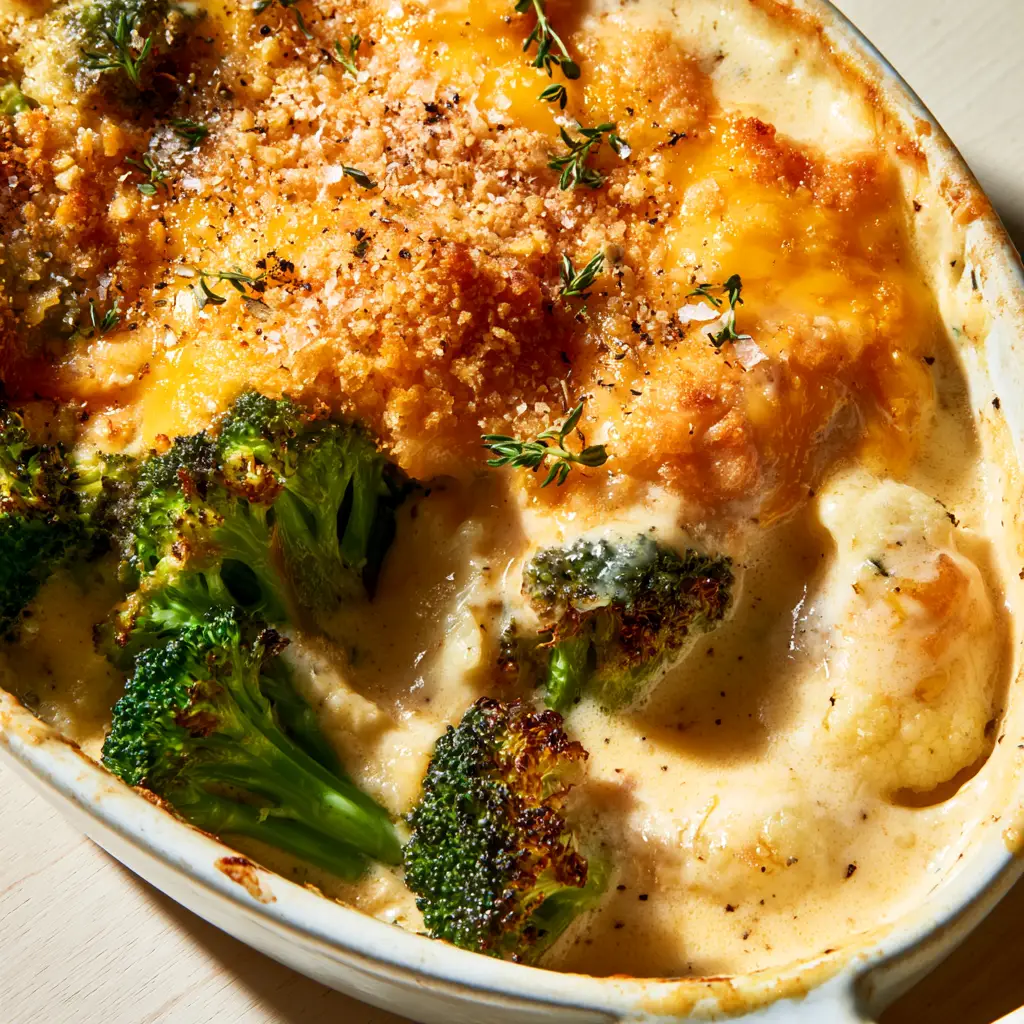Vegetable Casserole with Charred Broccoli and White Cheddar Mornay 1 Authentic smartphone photo of charred broccoli florets and ivory mornay sauce in a vegetable casserole.