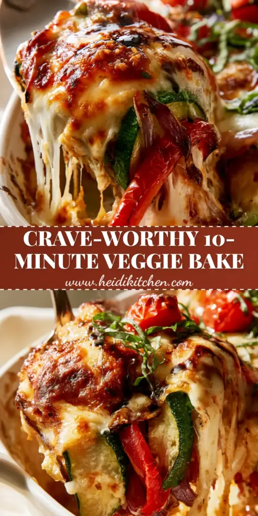 A bubbling baked vegetable casserole with a golden parmesan crust, zucchini, and a balsamic glaze drizzle.