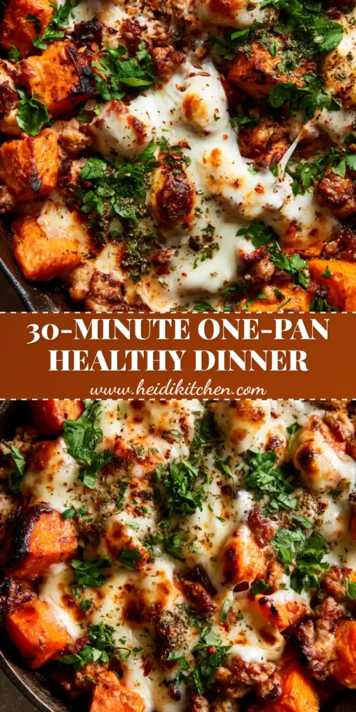 A steaming ground turkey sweet potato bake in a matte black cast iron skillet topped with golden bubbly mozzarella and fresh parsley.
