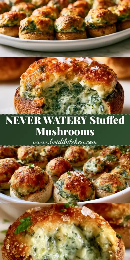 A platter of golden-brown Spinach Dip-Stuffed Mushrooms with a bubbling cream cheese and spinach center, garnished with fresh parsley.