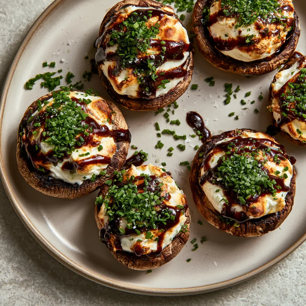 goat-cheese stuffed mushrooms with Balsamic Glaze and Chives 2 Top-down view of roasted goat-cheese stuffed mushrooms with toasted peaks and balsamic glaze on a grey stone surface.