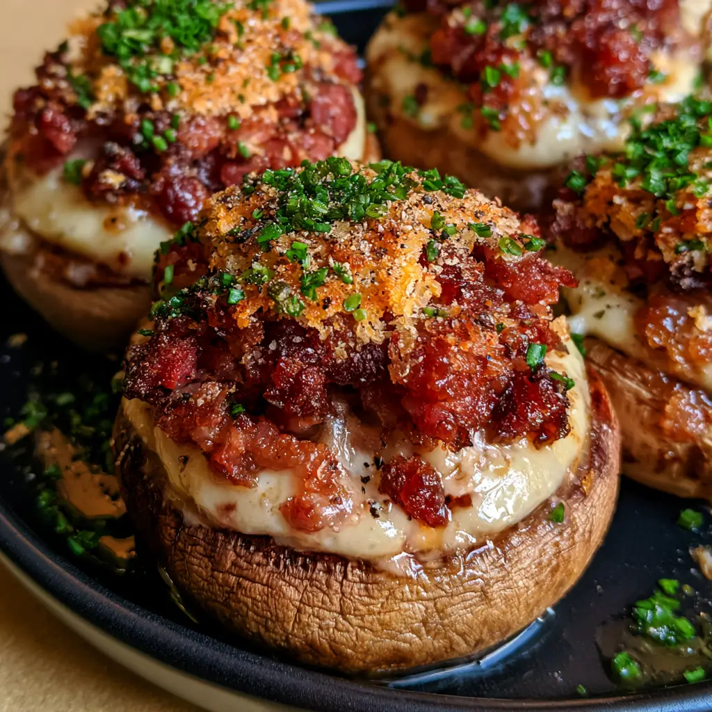 Smoked Sausage Stuffed Mushrooms with Garlic and White Cheddar 2 Macro photo of smoked sausage stuffed mushrooms showing the interior texture of melted cream cheese and browned sausage.