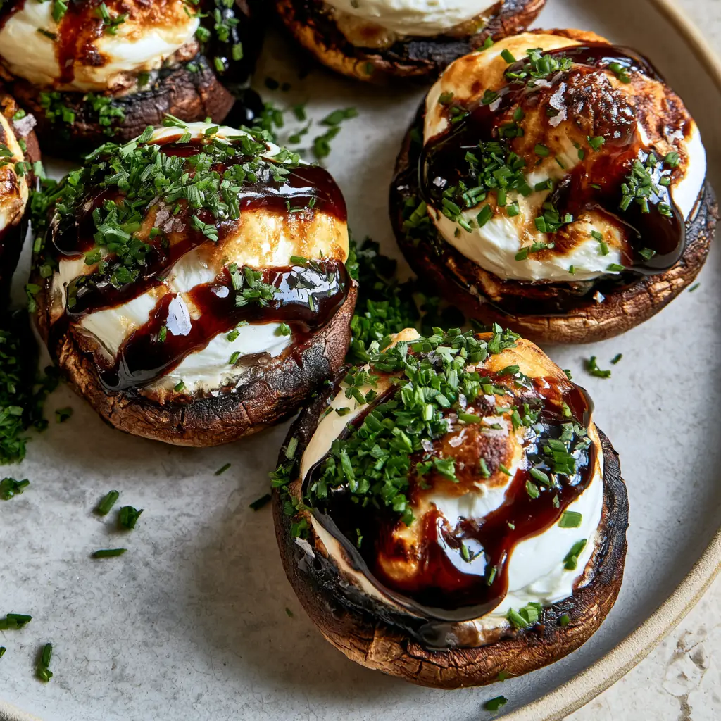 goat-cheese stuffed mushrooms with Balsamic Glaze and Chives 1 Close up of goat-cheese stuffed mushrooms showing the vibrant green chives and flaky sea salt garnish.