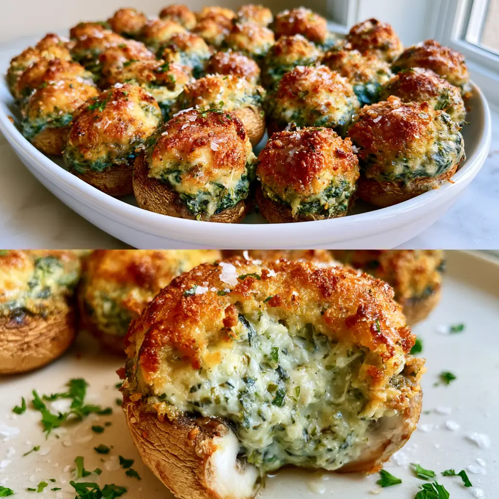 Split view of a platter of roasted white button mushrooms and a macro shot of a Spinach Dip-Stuffed Mushroom bite.