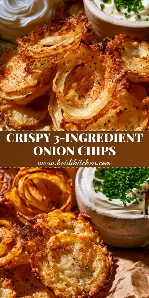 Onion Ring Chips with Crispy Parmesan Skirts and Chive Dip 3 A tall pile of golden-brown parmesan-crusted onion ring chips on brown parchment paper next to a white crock of chive sour cream dip.