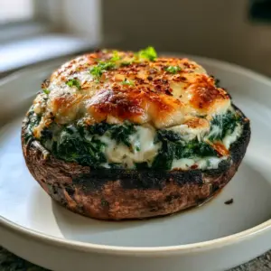 Macro photo of a roasted portobello mushroom cap with dark charred edges and a dense spinach cream cheese filling. (stuffed portobello mushrooms)