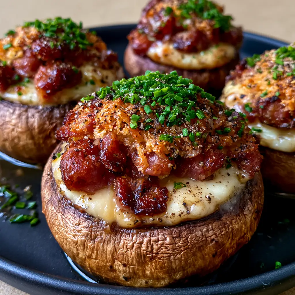 Smoked Sausage Stuffed Mushrooms with Garlic and White Cheddar 1 Platter of roasted cremini mushroom caps stuffed with smoked sausage and topped with fresh green chives.