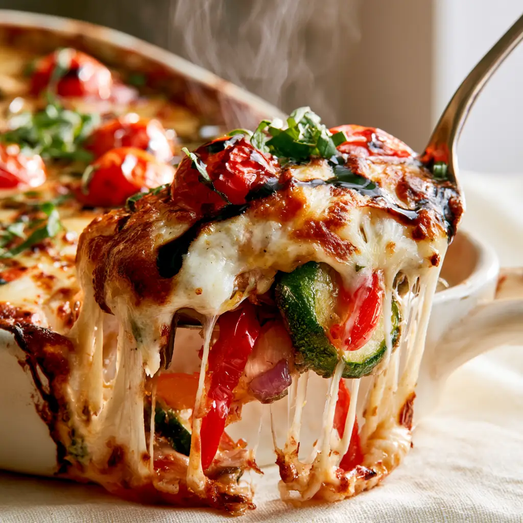 A white stoneware dish filled with baked vegetable casserole, blistered tomatoes, and fresh basil.