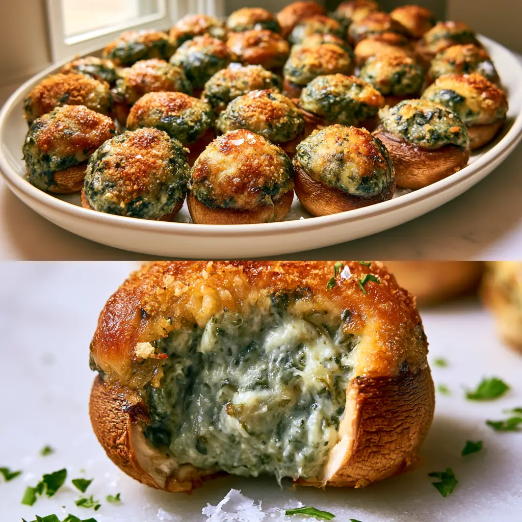 Close up of Spinach Dip-Stuffed Mushrooms showing the bubbling cream cheese and melted parmesan crust.