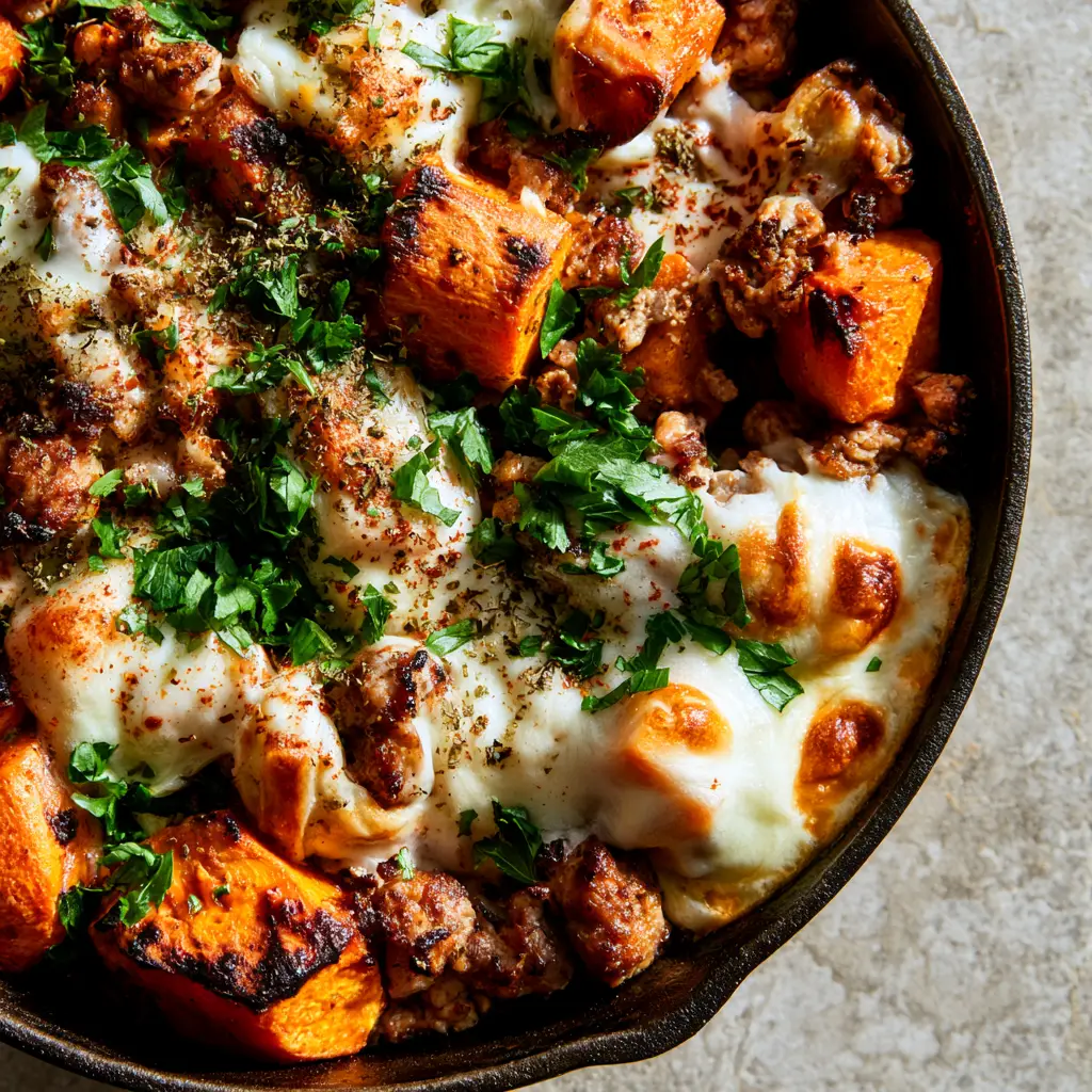 A close-up of melted white mozzarella cheese with toasted golden-brown spots over a ground turkey sweet potato bake.