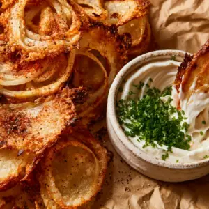 Extreme macro close-up of onion ring chips showing the bubbly, toasted parmesan skirt and translucent onion center.