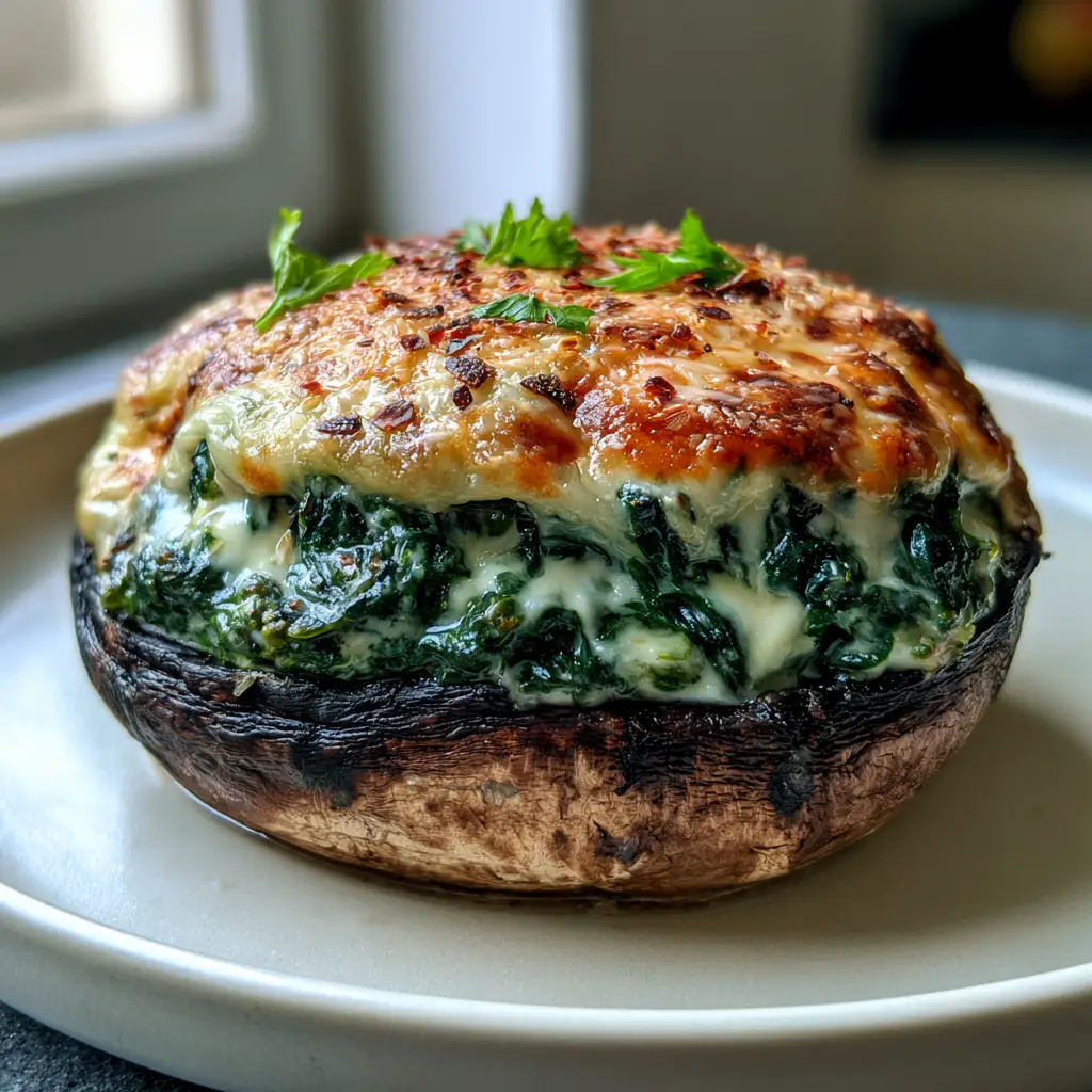 Stuffed Portobello Mushrooms with Spinach and Garlic Cream Cheese 1 Overhead macro shot of a single stuffed portobello mushroom showing the toasted parmesan and mozzarella crust with red pepper flakes.