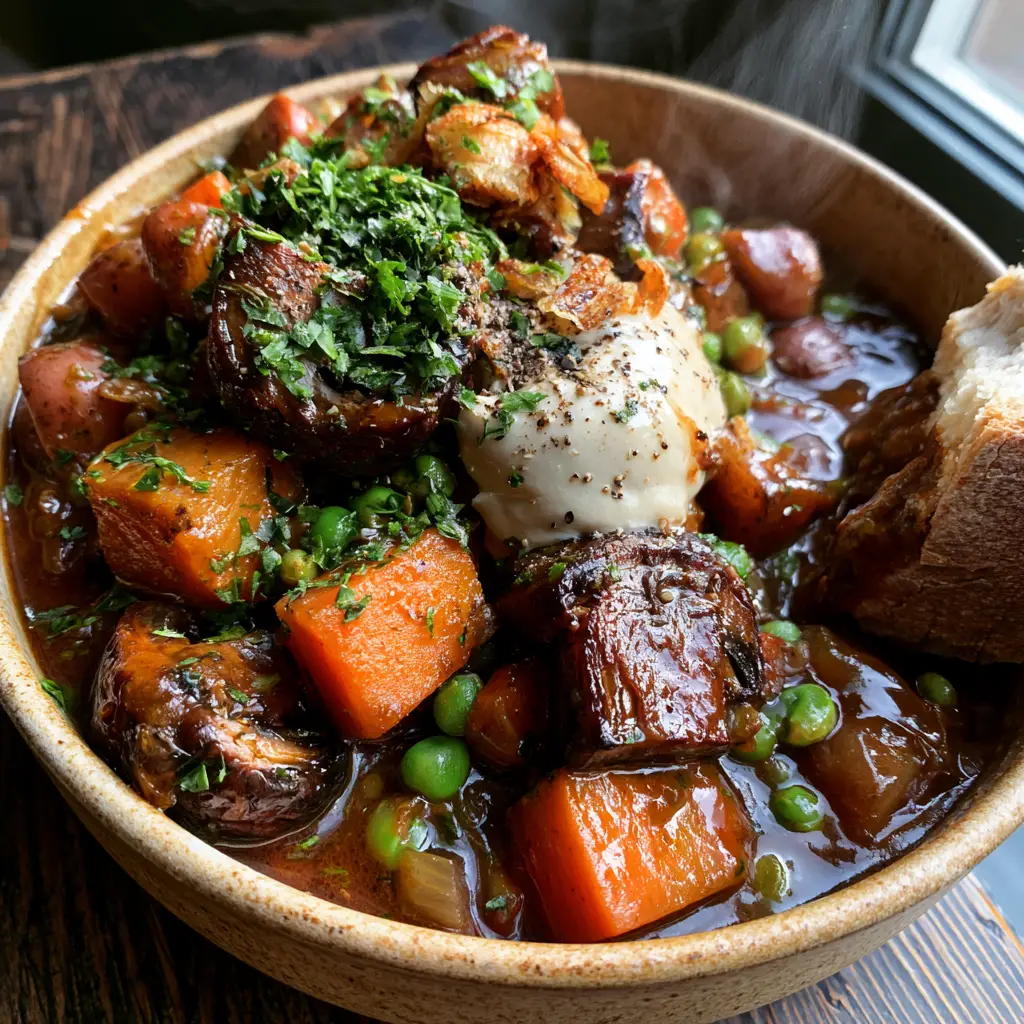 A piece of crusty sourdough bread dipped into a bowl of thick Vegetarian Stew with a visible dollop of cashew cream.