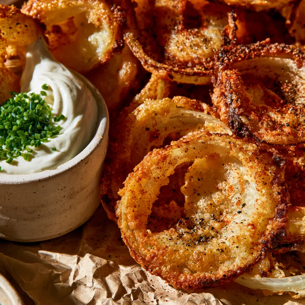 Onion Ring Chips with Crispy Parmesan Skirts and Chive Dip 1 A close-up view of one parmesan onion ring chip being dipped into thick sour cream with fresh chives.