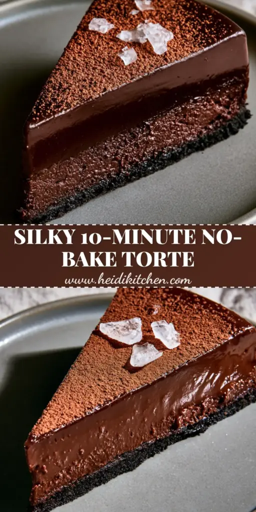 No Bake Chocolate Torte with Dark Cocoa Crust and Sea Salt 3 A sharp, macro overhead shot of a single slice of no bake chocolate torte with a 2-inch ganache layer on a matte plate.