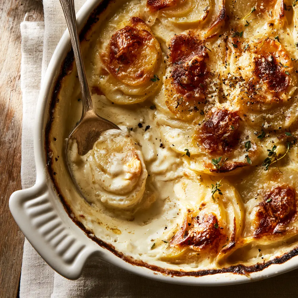 Potatoes Au Gratin: The Ultimate Creamy Garlic & Gruyère Recipe 2 Overhead view of bubbling potatoes au gratin featuring Gruyere and white cheddar cheese bubbles.