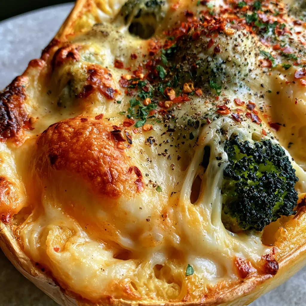 Broccoli Cheddar Stuffed Spaghetti Squash: The Ultimate Cheesy Comfort Food 2 Extreme close-up of gooey sharp cheddar sauce and vibrant broccoli florets inside a broccoli cheddar stuffed spaghetti squash.