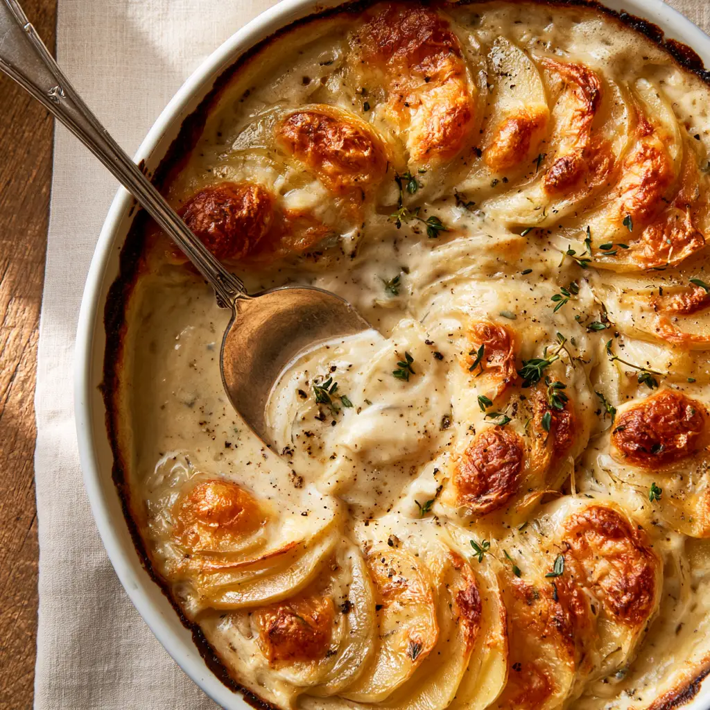 Potatoes Au Gratin: The Ultimate Creamy Garlic & Gruyère Recipe 1 A silver spoon scooping into tender, creamy layers of potatoes au gratin.