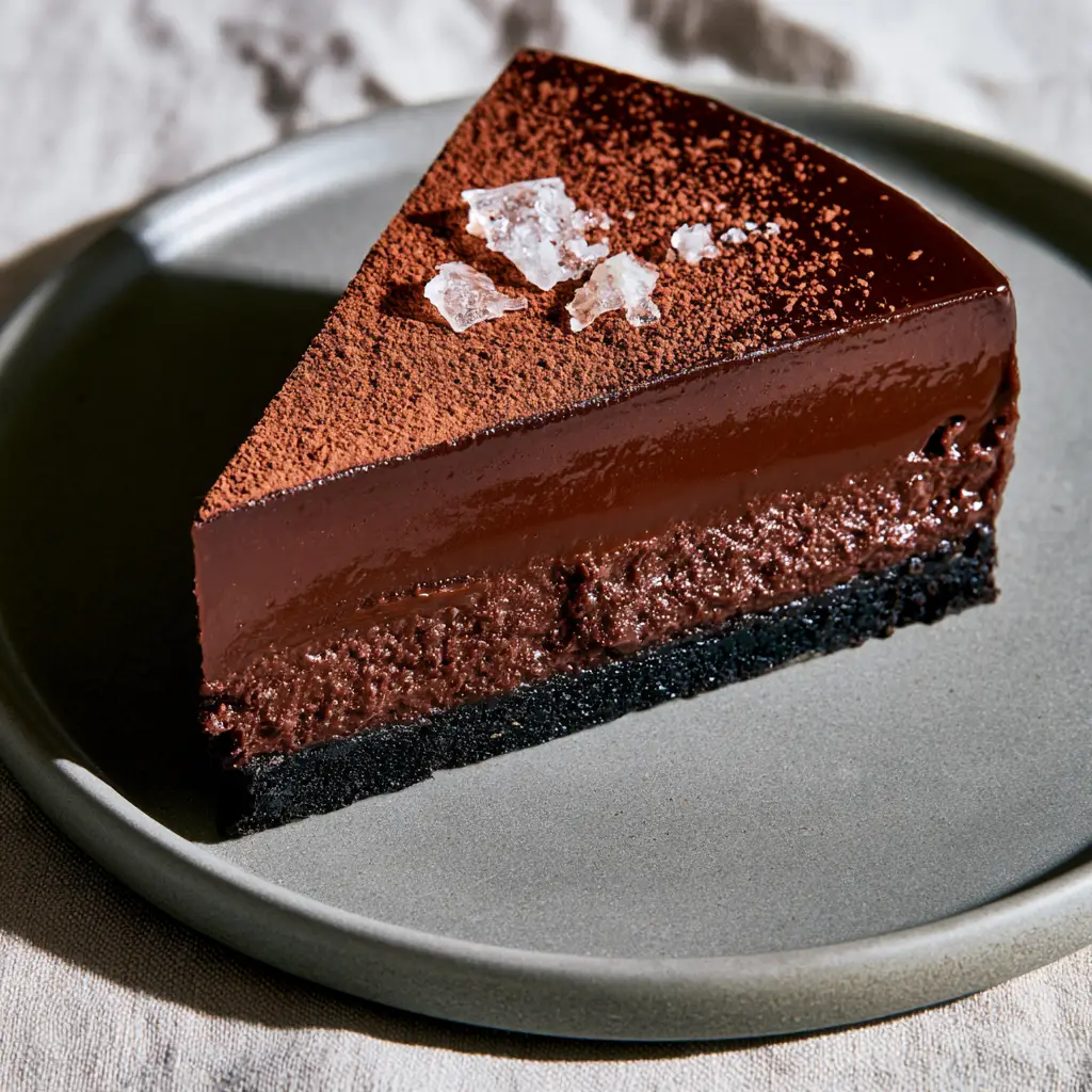 Overhead macro view of a no bake chocolate torte slice showing the fudgy texture and Maldon sea salt flakes.