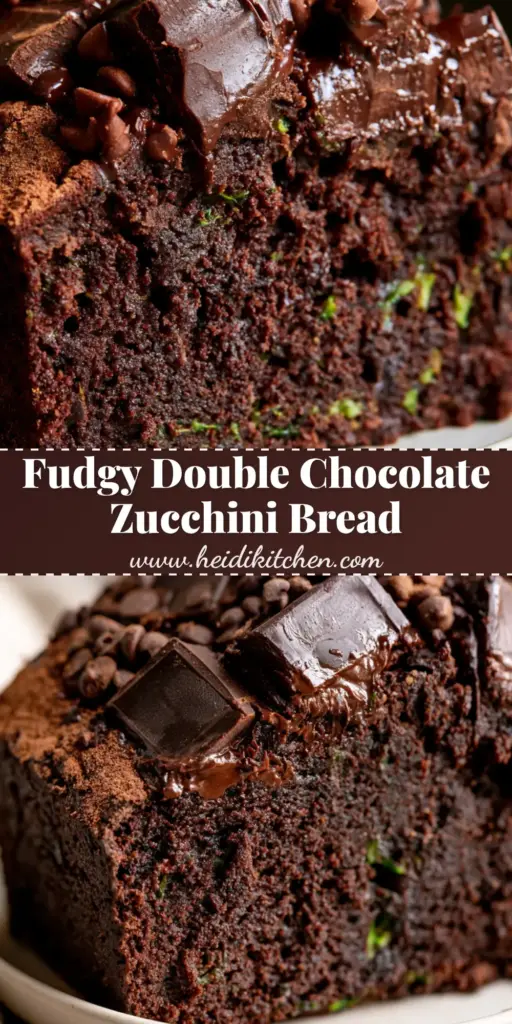 A tall, Pinterest-perfect Pin showing a vertical shot of double chocolate zucchini bread with glossy melted chunks and mini chips on a rustic linen background.