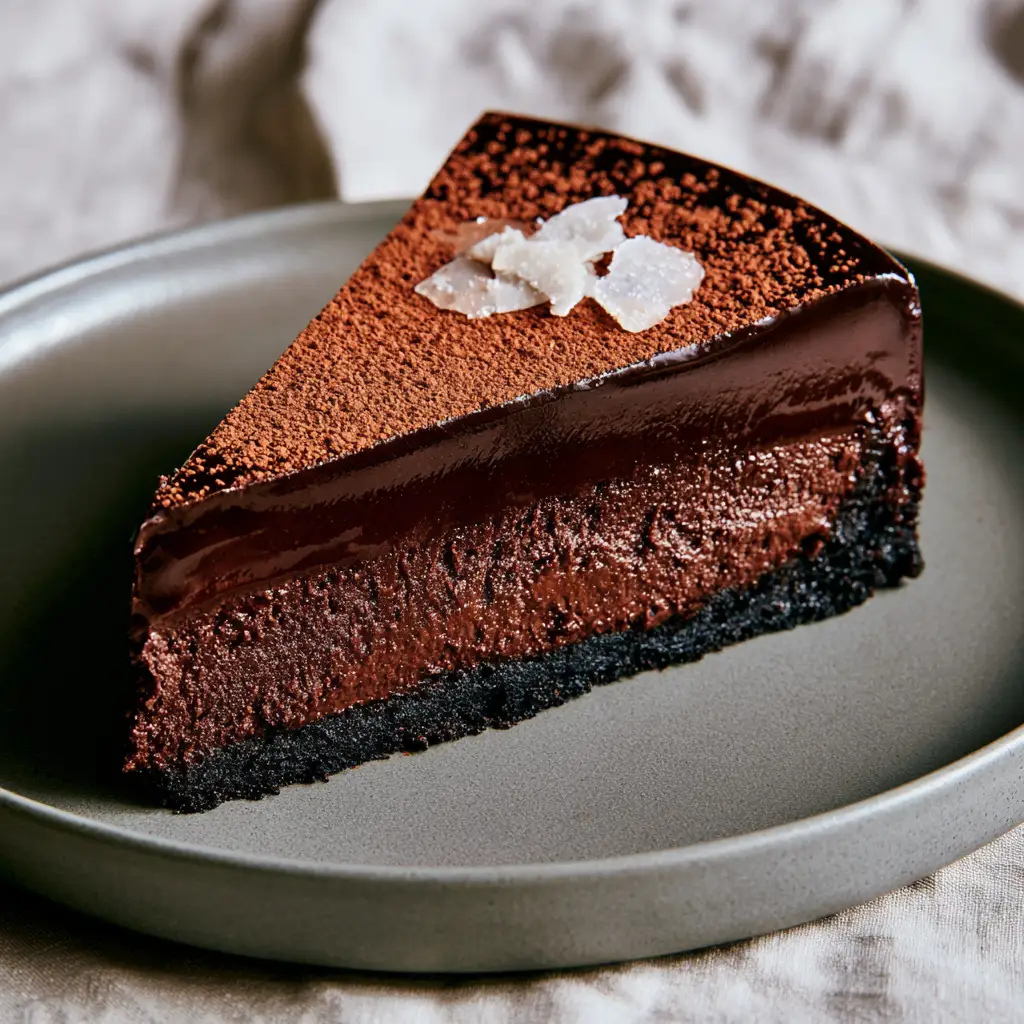 No Bake Chocolate Torte with Dark Cocoa Crust and Sea Salt 1 A minimalist plating of no bake chocolate torte on a matte stoneware plate with a linen napkin background.
