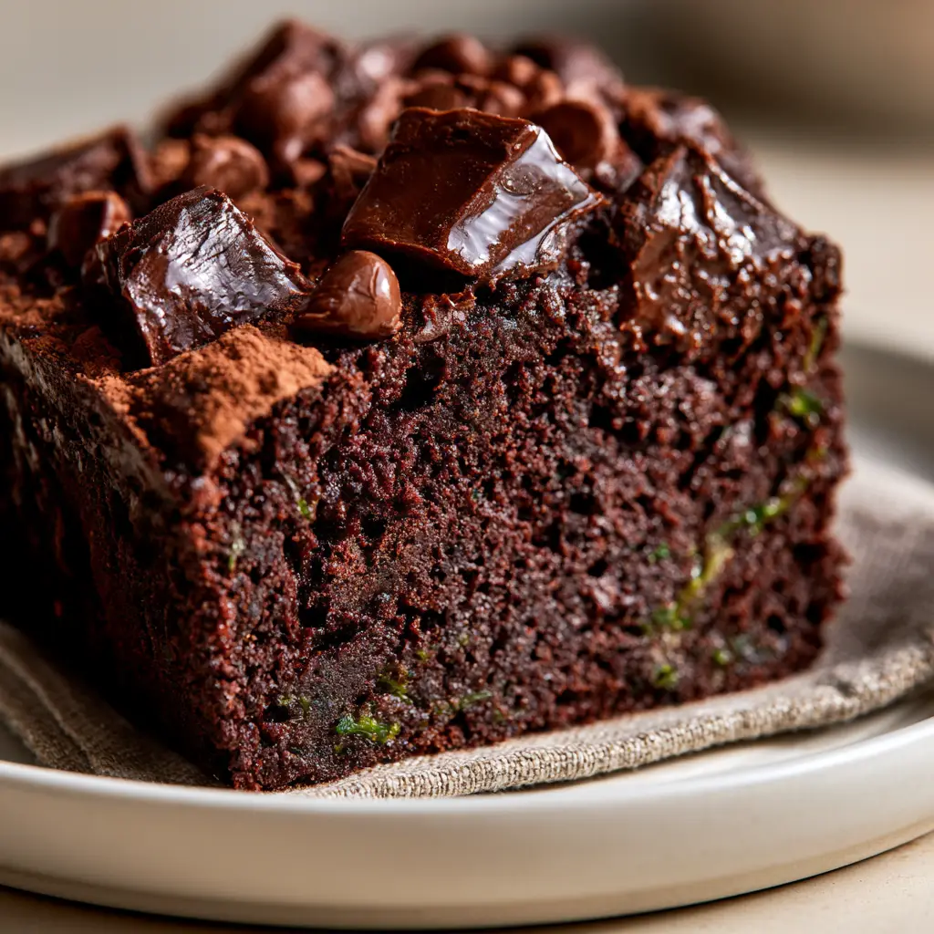 Extreme macro close-up of a thick slice of fudgy double chocolate zucchini bread with melted dark chocolate chunks and microscopic green zucchini flecks.