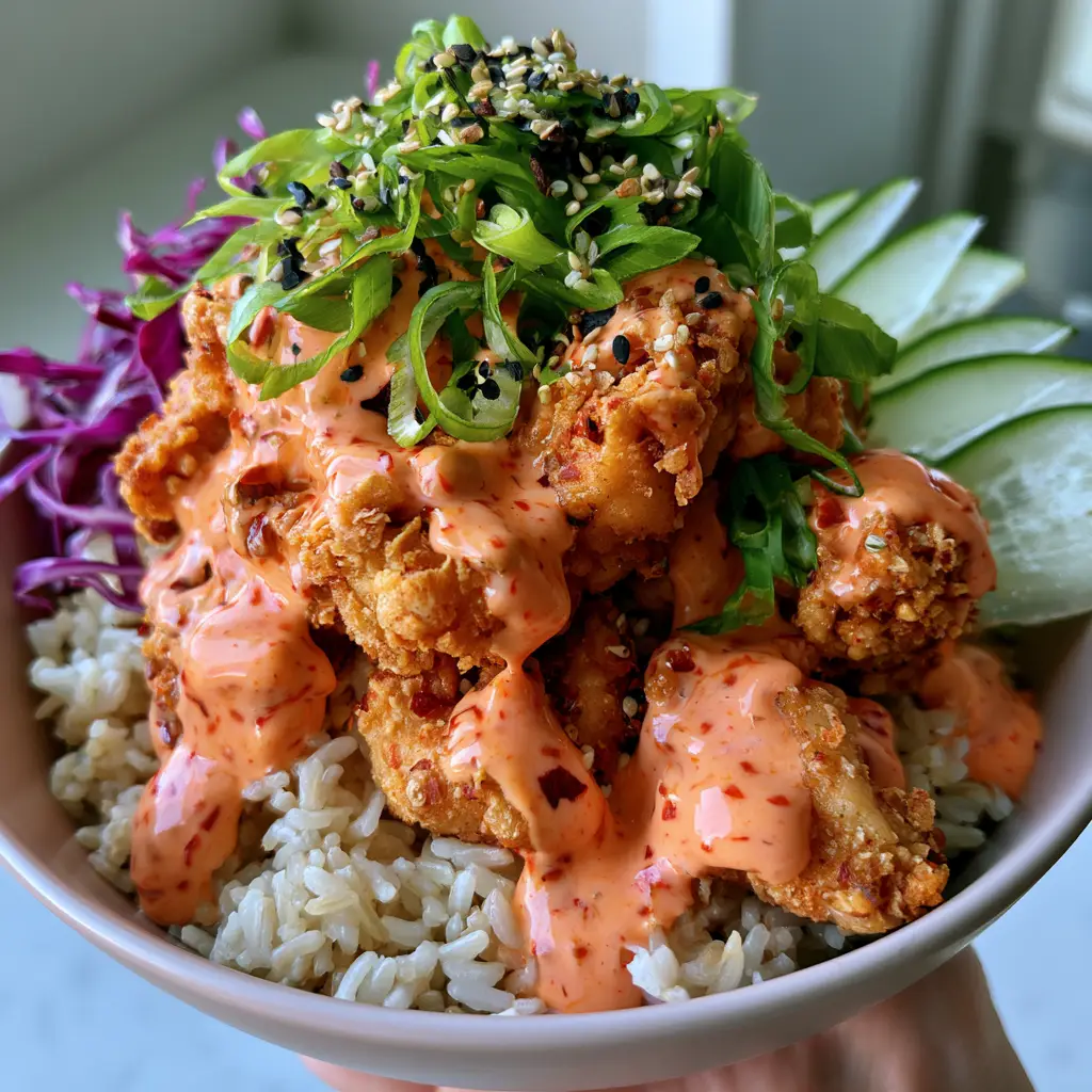 Bang Bang Chicken Bowl: The Ultimate Crispy, Creamy, and Glossy Dinner Recipe 2 Close up of golden-brown panko-breaded chicken coated in a vibrant pinkish-orange glossy sauce for a Bang Bang Chicken Bowl.