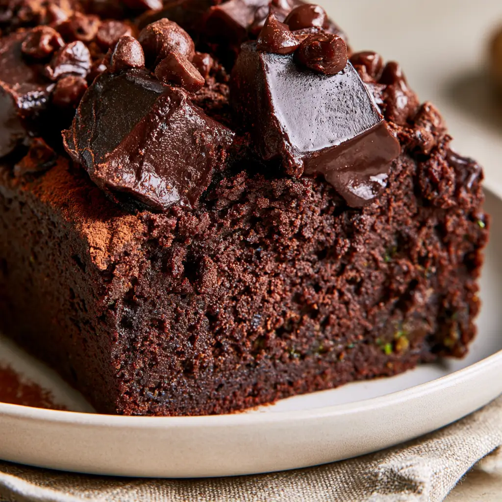 A thick slice of double chocolate zucchini bread resting on a modern off-white ceramic plate with warm natural window lighting.