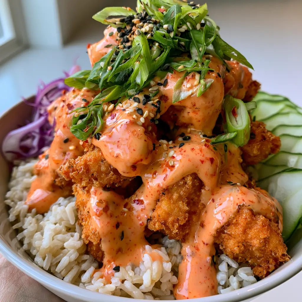 Bang Bang Chicken Bowl: The Ultimate Crispy, Creamy, and Glossy Dinner Recipe 1 Full assembly of a Bang Bang Chicken Bowl with purple cabbage curls, green scallions, and black sesame seeds on a neutral kitchen background.