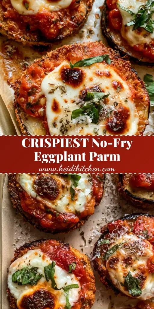 Baked Eggplant Parmesan with Crispy Panko and Bubbly Mozzarella 4 An overhead smartphone photo of crispy Baked Eggplant Parmesan rounds on a parchment-lined baking sheet with melted mozzarella and fresh basil.